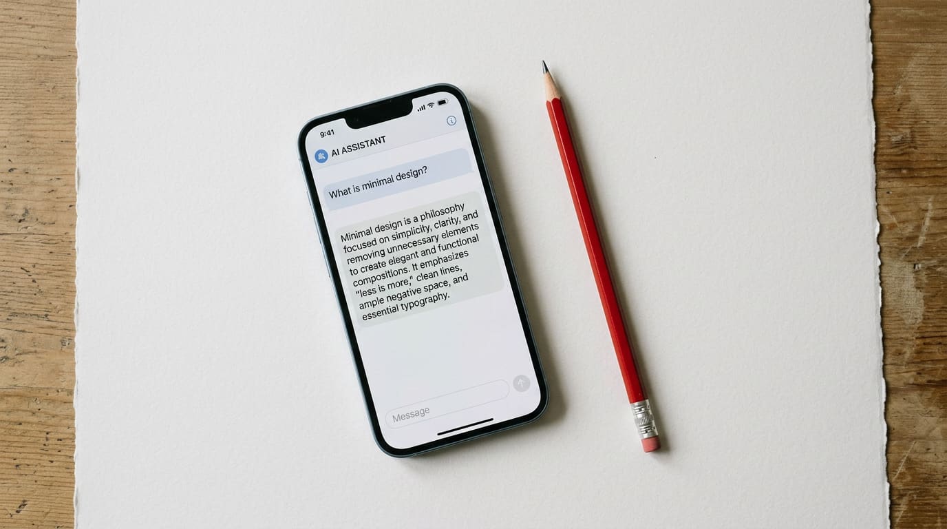 Smartphone showing an AI assistant answering a question, beside a red pencil — guide to AI search optimization