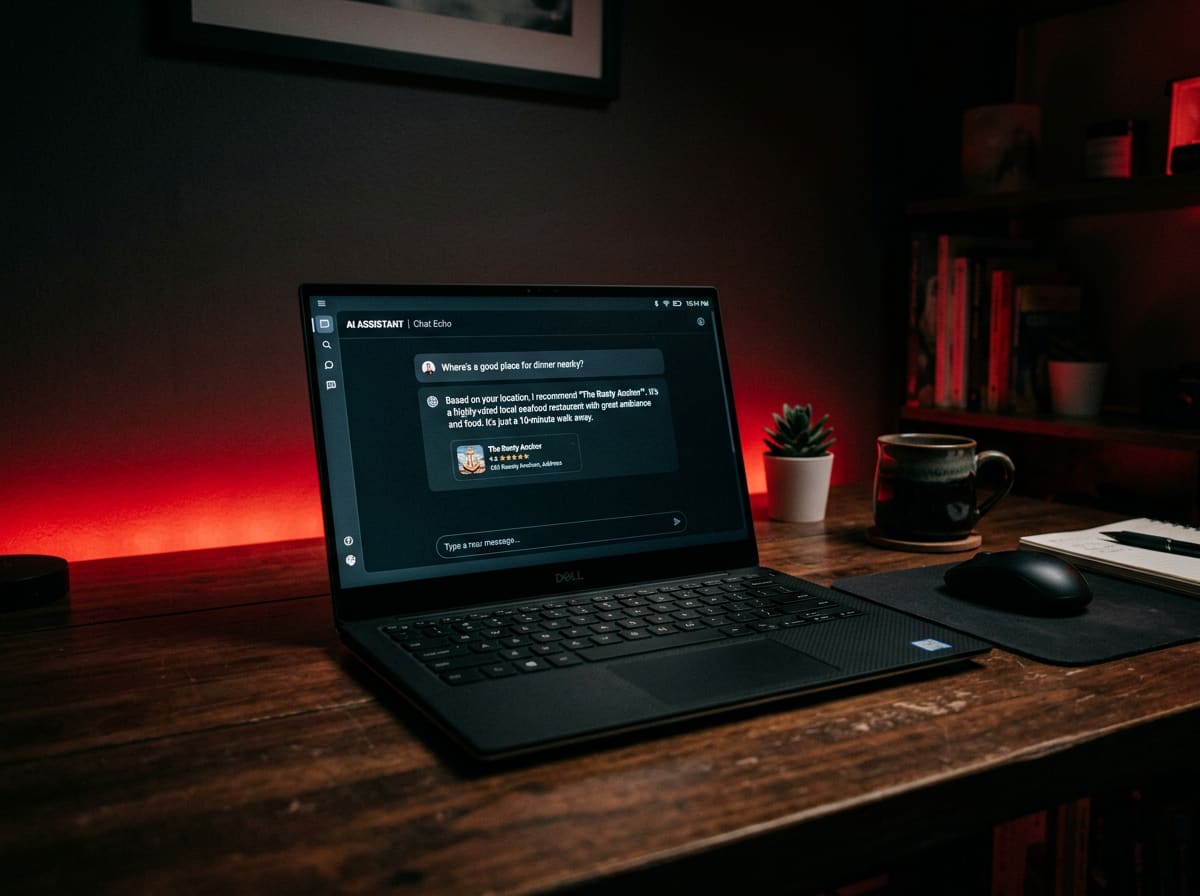 Laptop on a desk showing an AI assistant recommending a local business, illustrating AI search optimization (AEO/GEO)