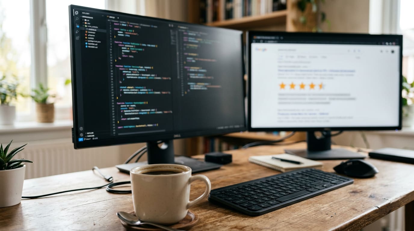 Structured data schema code for a local business shown beside a rich search result