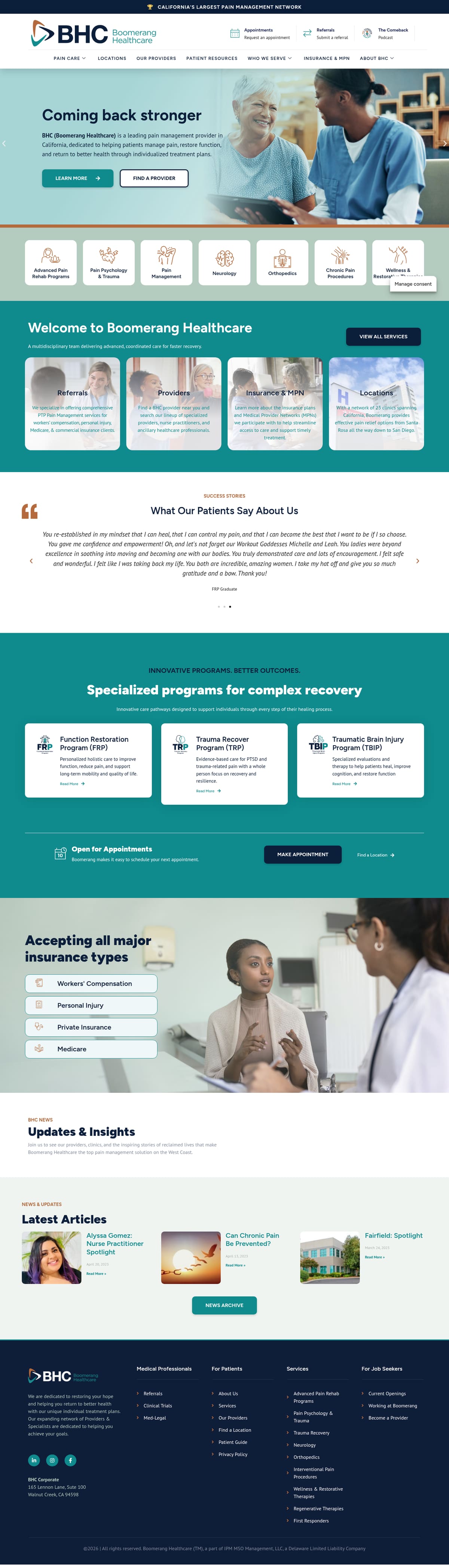 The complete Boomerang Health Care homepage designed and built by RPM National: hero, service icons, welcome cards, patient stories, specialized recovery programs, insurance, latest articles and footer