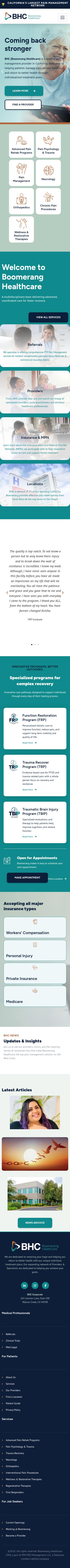 The complete Boomerang Health Care homepage on mobile: Coming back stronger hero, service icons, welcome cards, patient story, recovery programs, insurance types, articles and footer