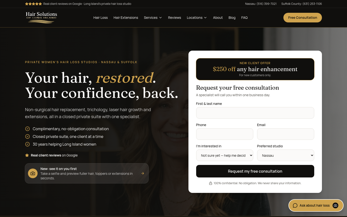 Hair Solutions of Long Island homepage with the headline Your hair, restored. Your confidence, back. and a free consultation request form