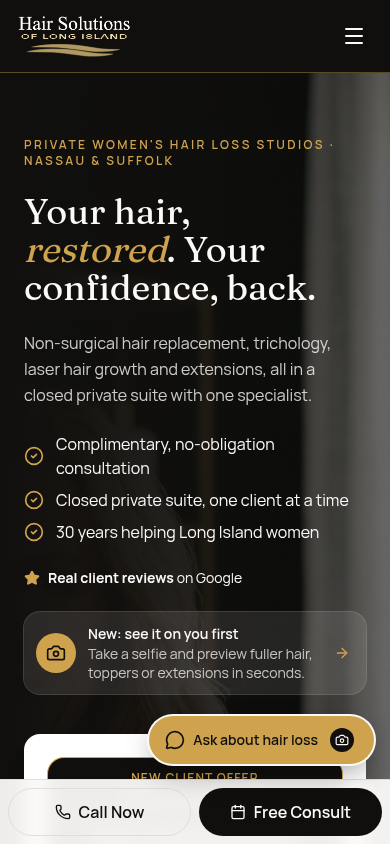 Hair Solutions of Long Island homepage on a mobile phone with Call Now and Free Consult buttons