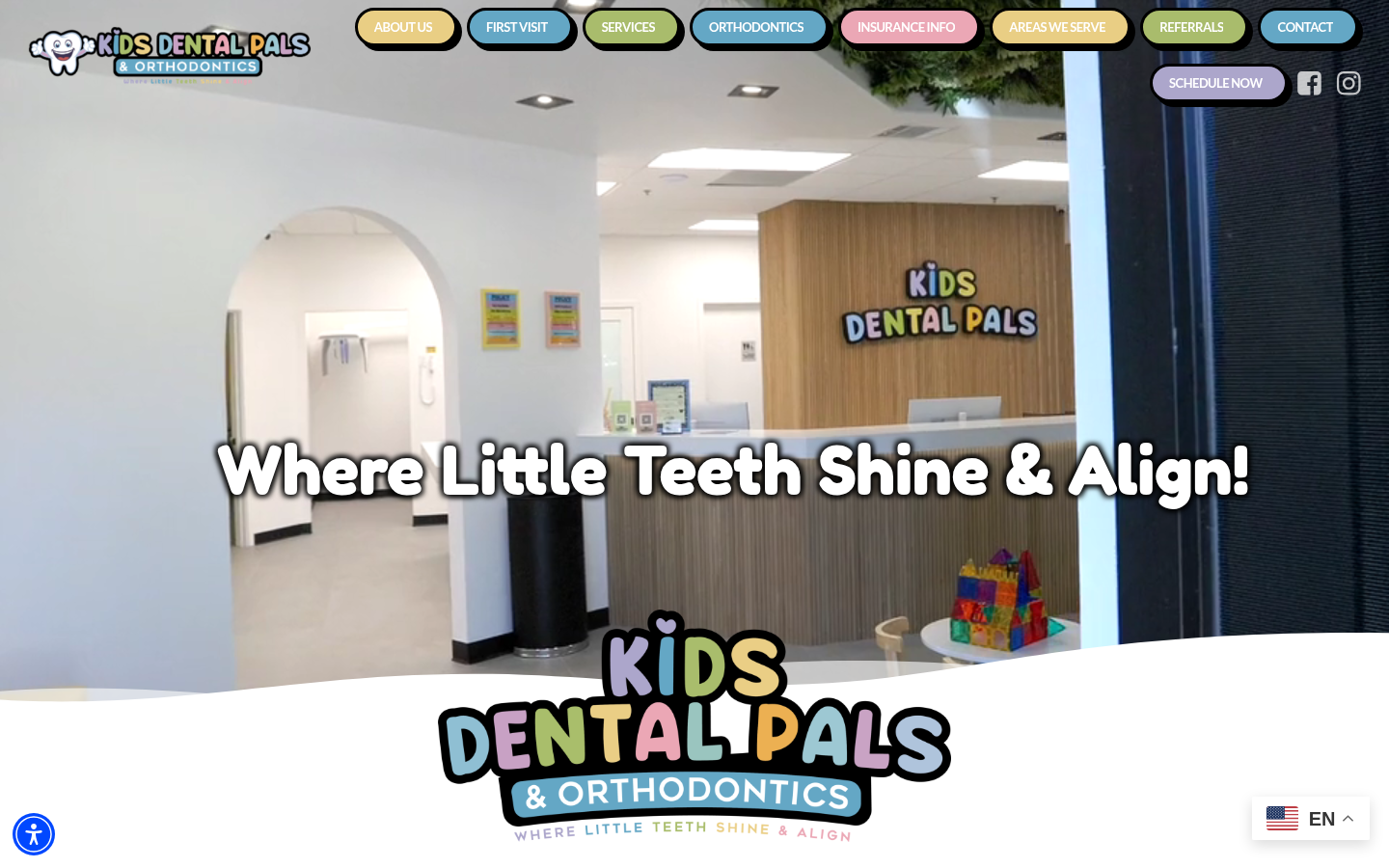 Kids Dental Pals homepage with the headline Where Little Teeth Shine and Align over the office lobby, colorful navigation and the Kids Dental Pals logo