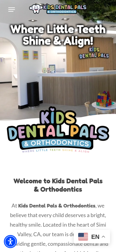 Kids Dental Pals homepage on a mobile phone showing the rainbow logo and welcome message