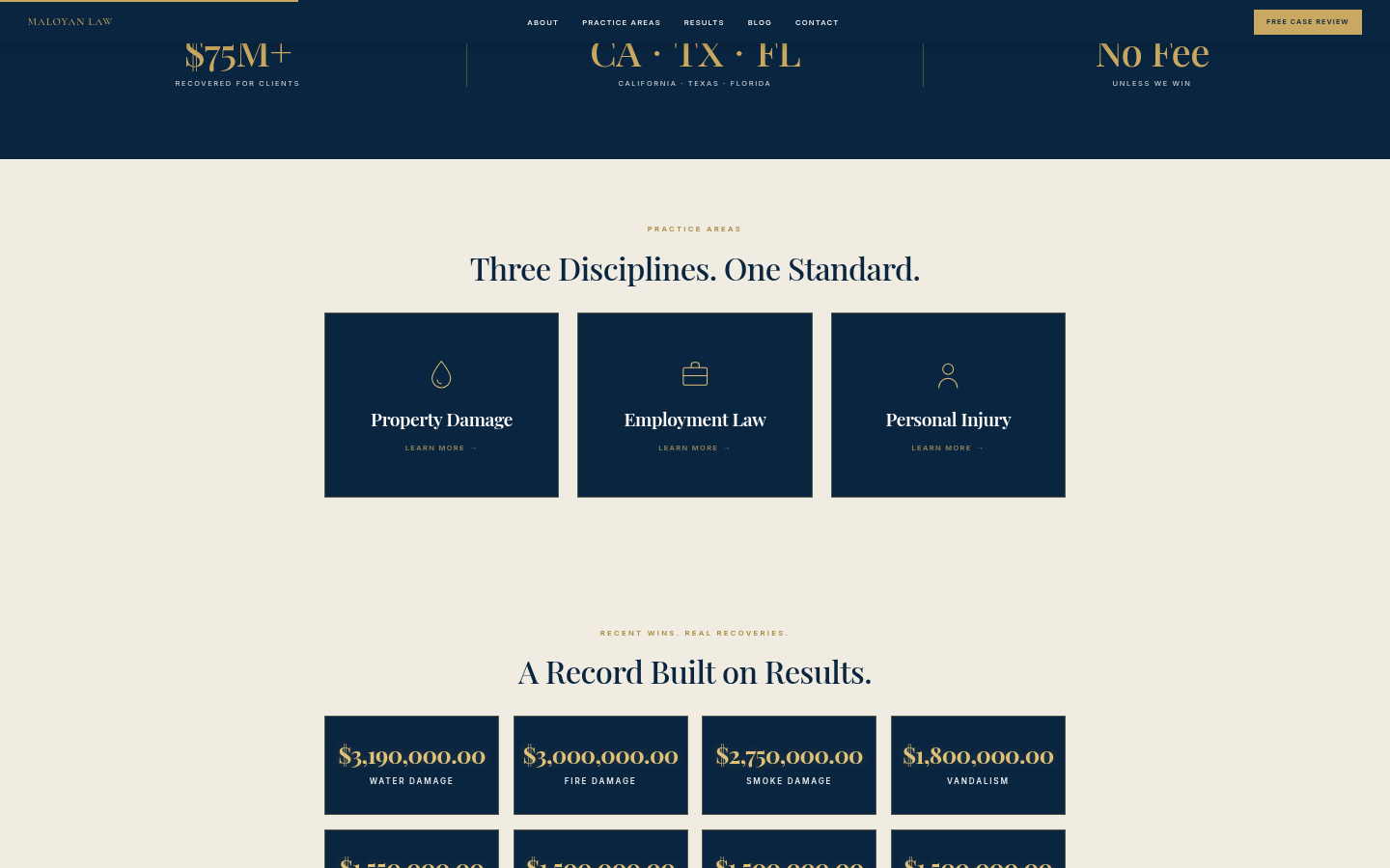 Maloyan Law practice areas section: Property Damage, Employment Law and Personal Injury