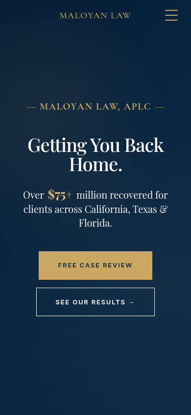 Maloyan Law homepage on a mobile phone with Free Case Review and See Our Results buttons