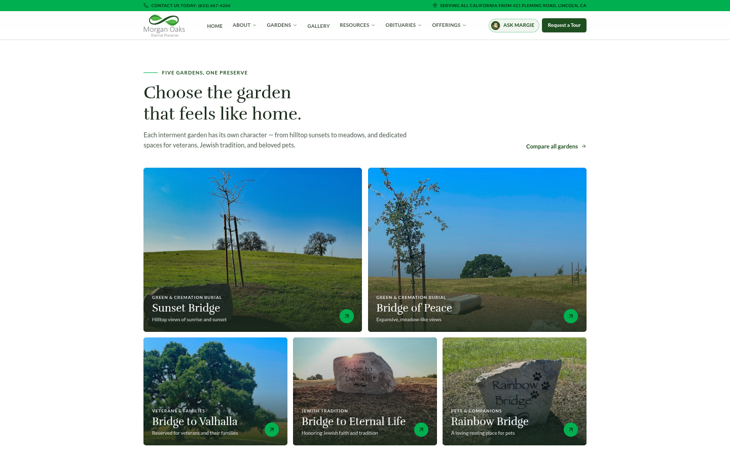 Morgan Oaks homepage section Choose the garden that feels like home, with photo cards for Sunset Bridge, Bridge of Peace, Bridge to Valhalla, Bridge to Eternal Life and Rainbow Bridge