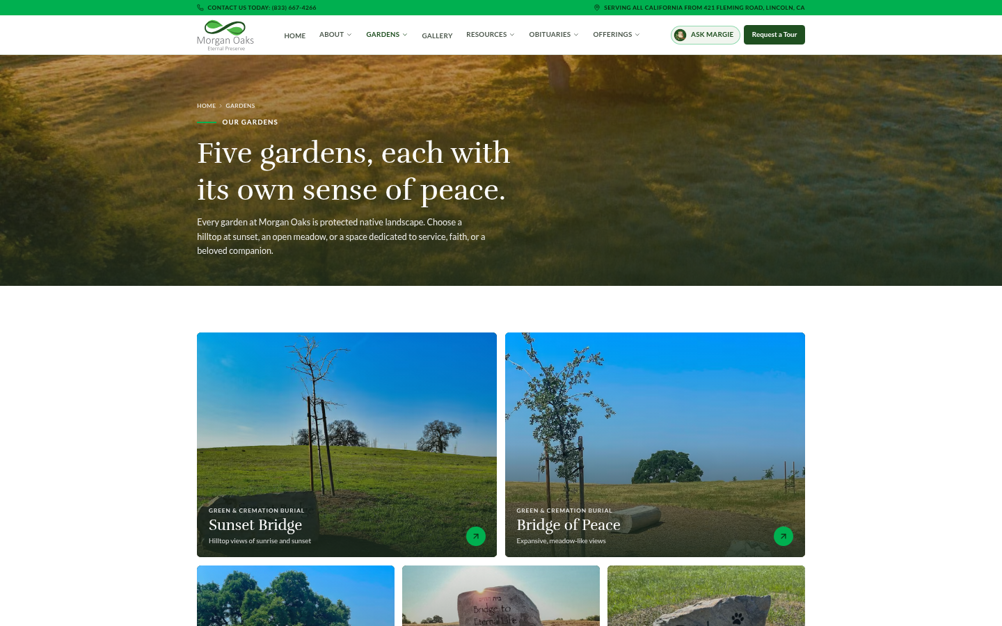 Morgan Oaks Our Gardens page reading Five gardens, each with its own sense of peace, above garden photo cards