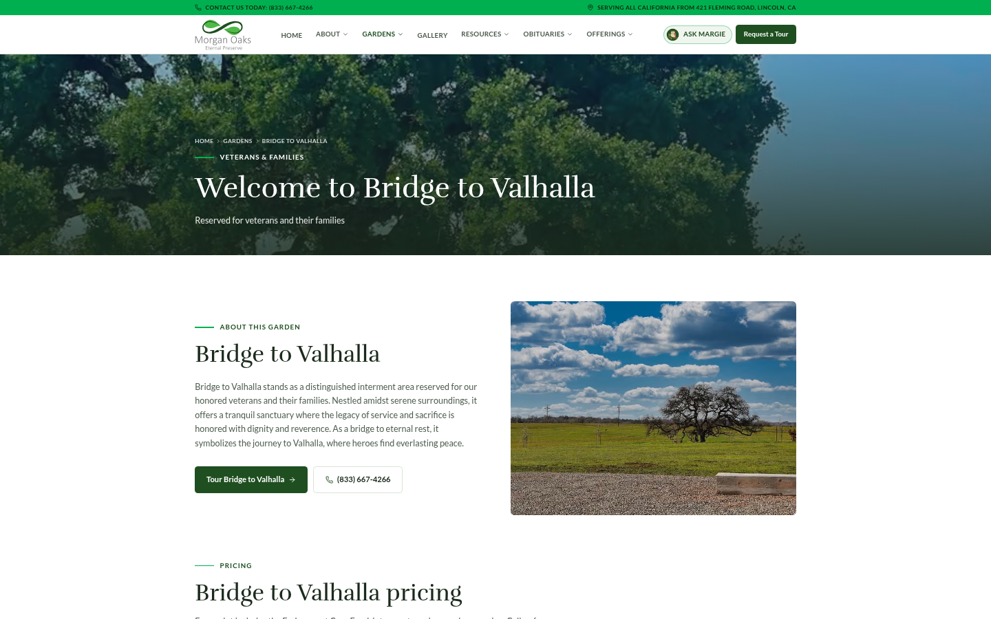 Morgan Oaks Bridge to Valhalla garden page reserved for veterans and their families, with a Tour Bridge to Valhalla button
