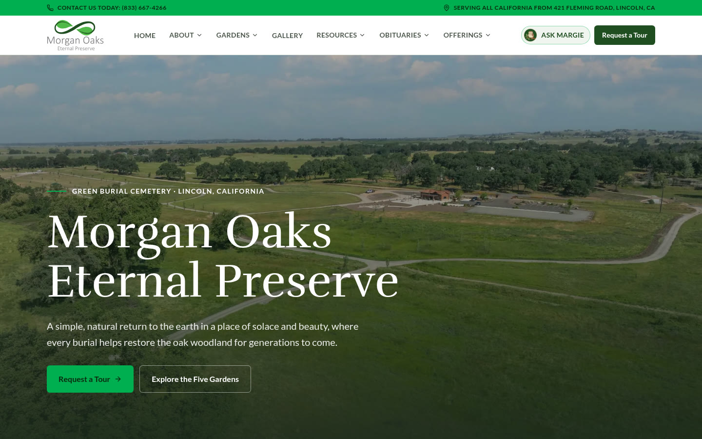 Morgan Oaks Eternal Preserve homepage built by RPM National, with an aerial view of the green burial preserve in Lincoln, California and Request a Tour button