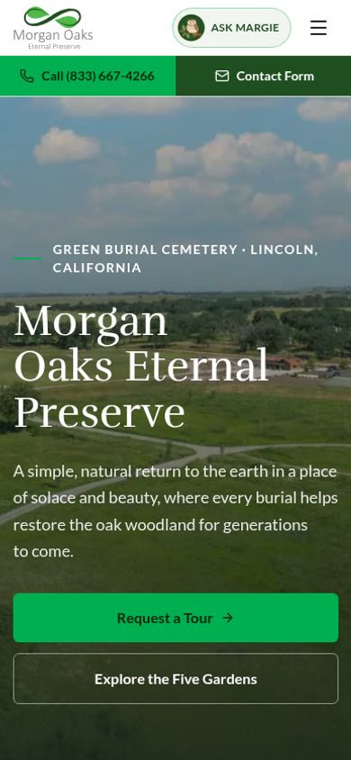 Morgan Oaks Eternal Preserve homepage on a mobile phone with Call and Contact Form buttons