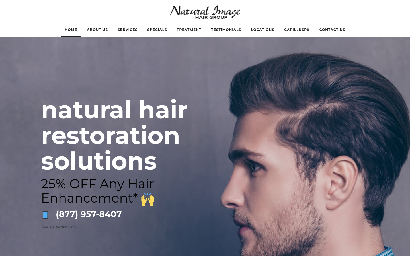 Natural Image Hair Group homepage with the headline natural hair restoration solutions, a 25% off offer and a phone number