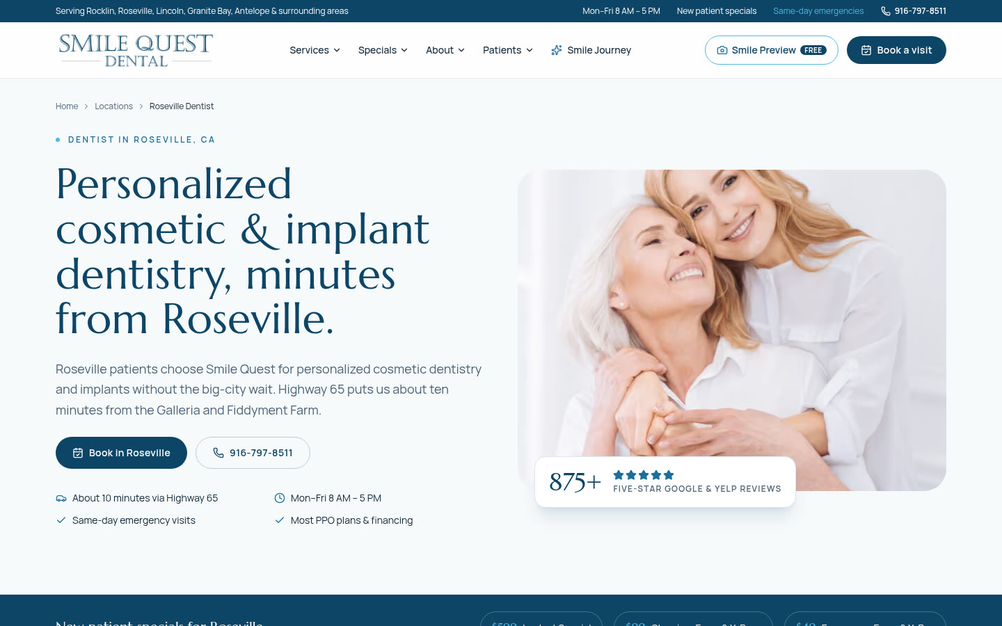 Smile Quest Dental Roseville city page offering cosmetic and implant dentistry minutes from Roseville