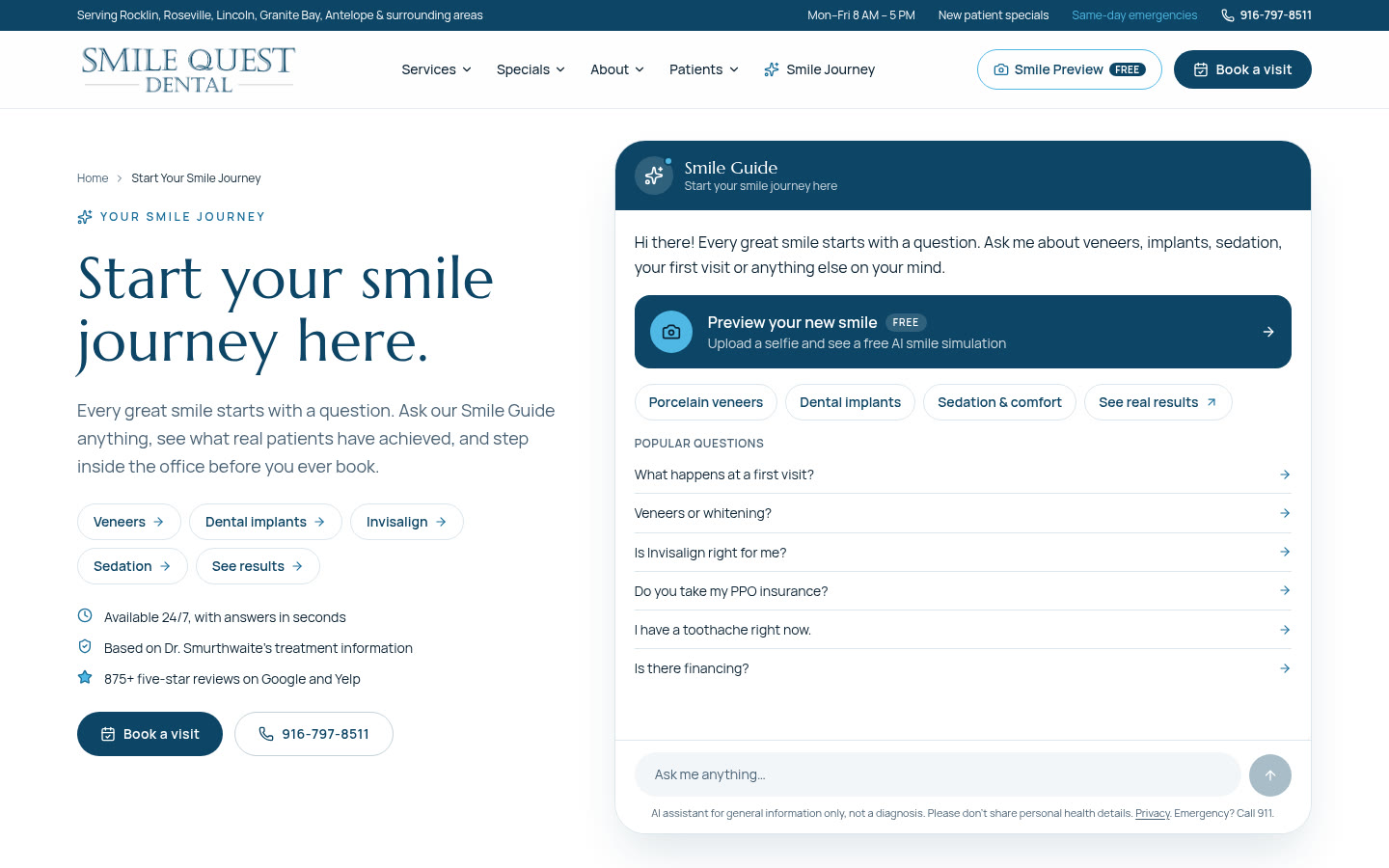 Smile Guide AI assistant on the Smile Quest Dental website answering questions about veneers, implants, sedation and insurance