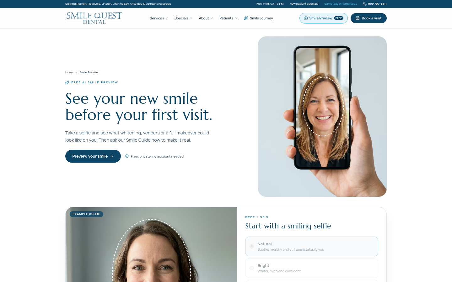 Smile Quest Dental Smile Preview tool: upload a smiling selfie, pick Natural, Bright or Hollywood and see an AI preview of your new smile