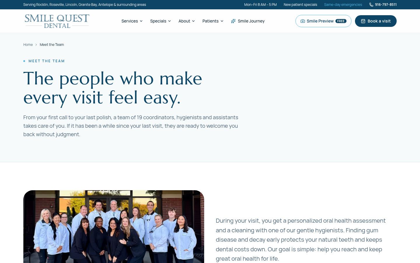 Smile Quest Dental Meet the Team page with a group photo of the 19-person team