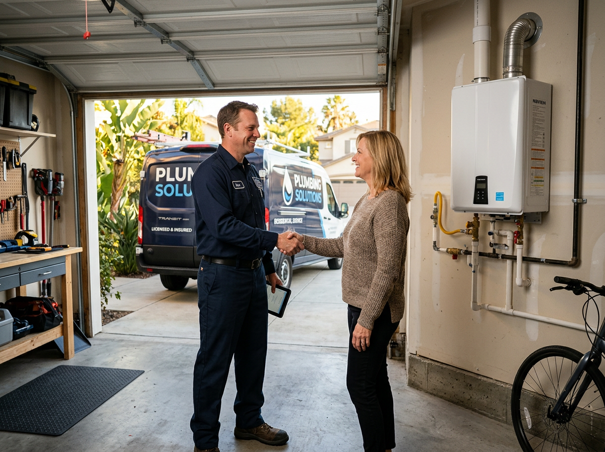 Plumbing technician shaking hands with a homeowner beside a newly installed tankless water heater