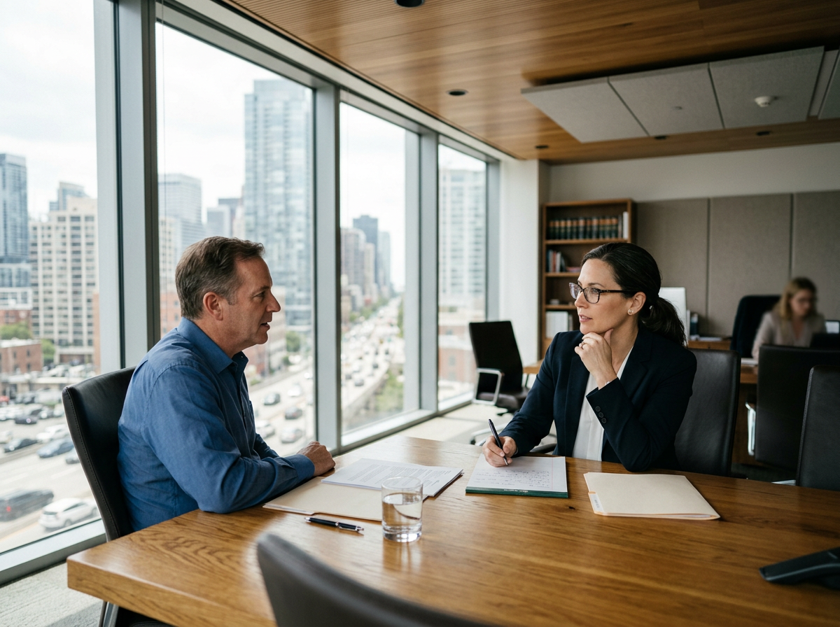 Attorney listening to a client during a consultation in a bright law office conference room
