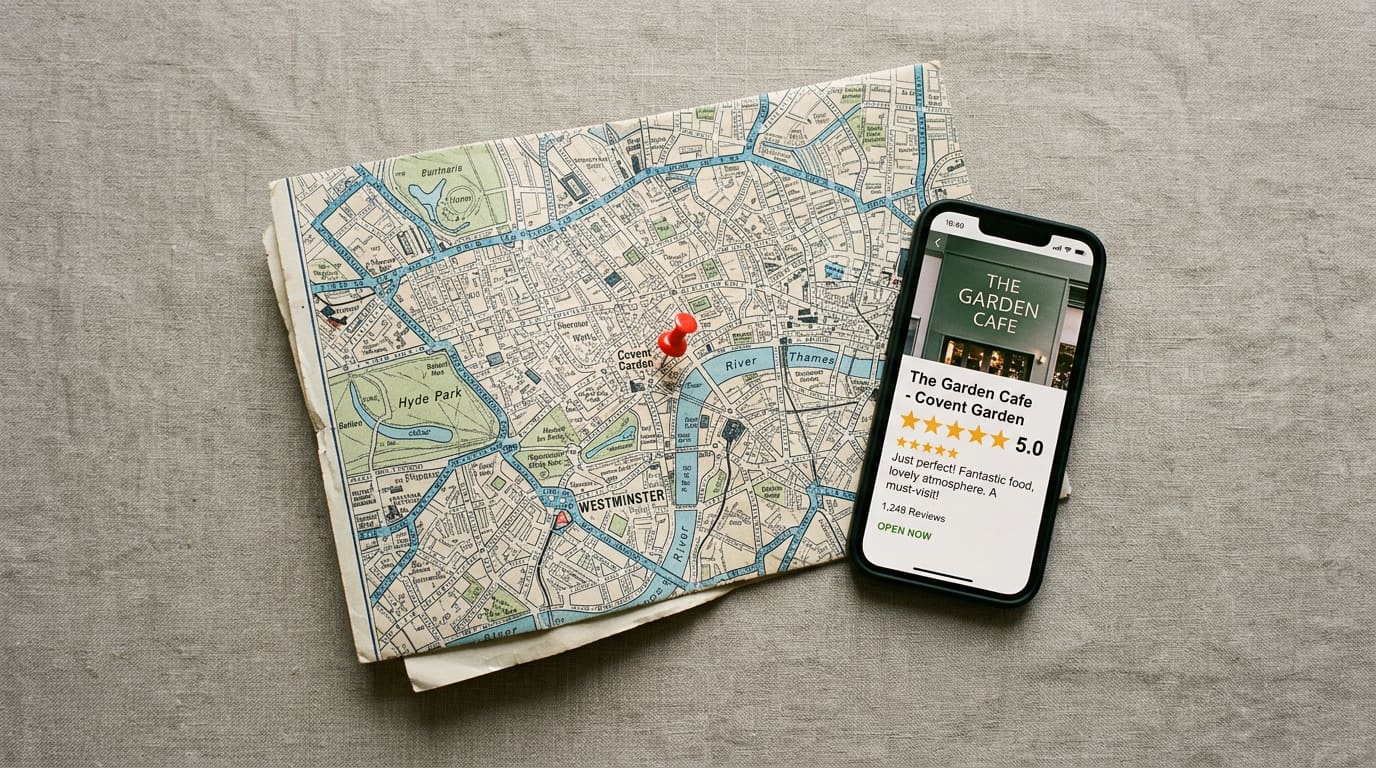 Paper city map with a red pin next to a phone showing a 5-star Google Business Profile — local SEO guide