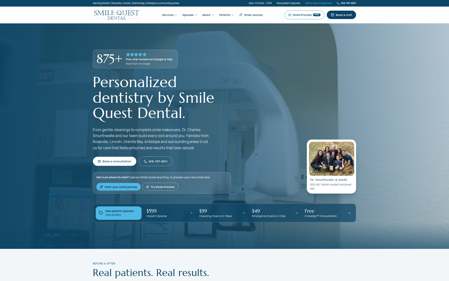 Smile Quest Dental homepage built by RPM National, with 875+ five-star reviews, Book a consultation and Try Smile Preview buttons, and a row of new patient specials