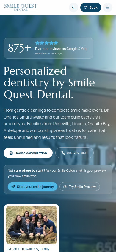 Smile Quest Dental homepage on a mobile phone with tap-to-call and booking buttons
