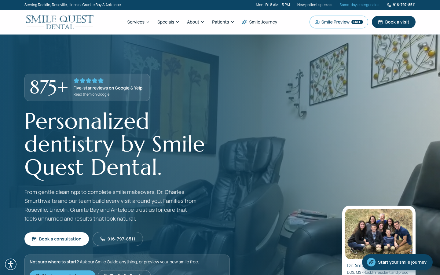 Smile Quest Dental homepage designed by RPM National, with 875+ reviews and a booking button on the first screen