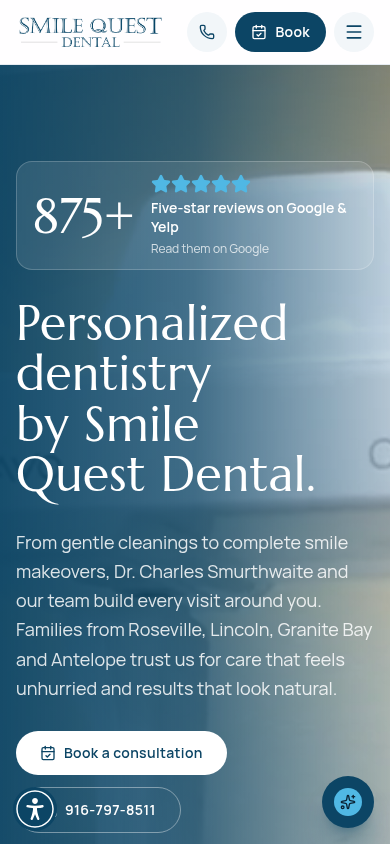 Smile Quest Dental mobile website with tap-to-call and online booking