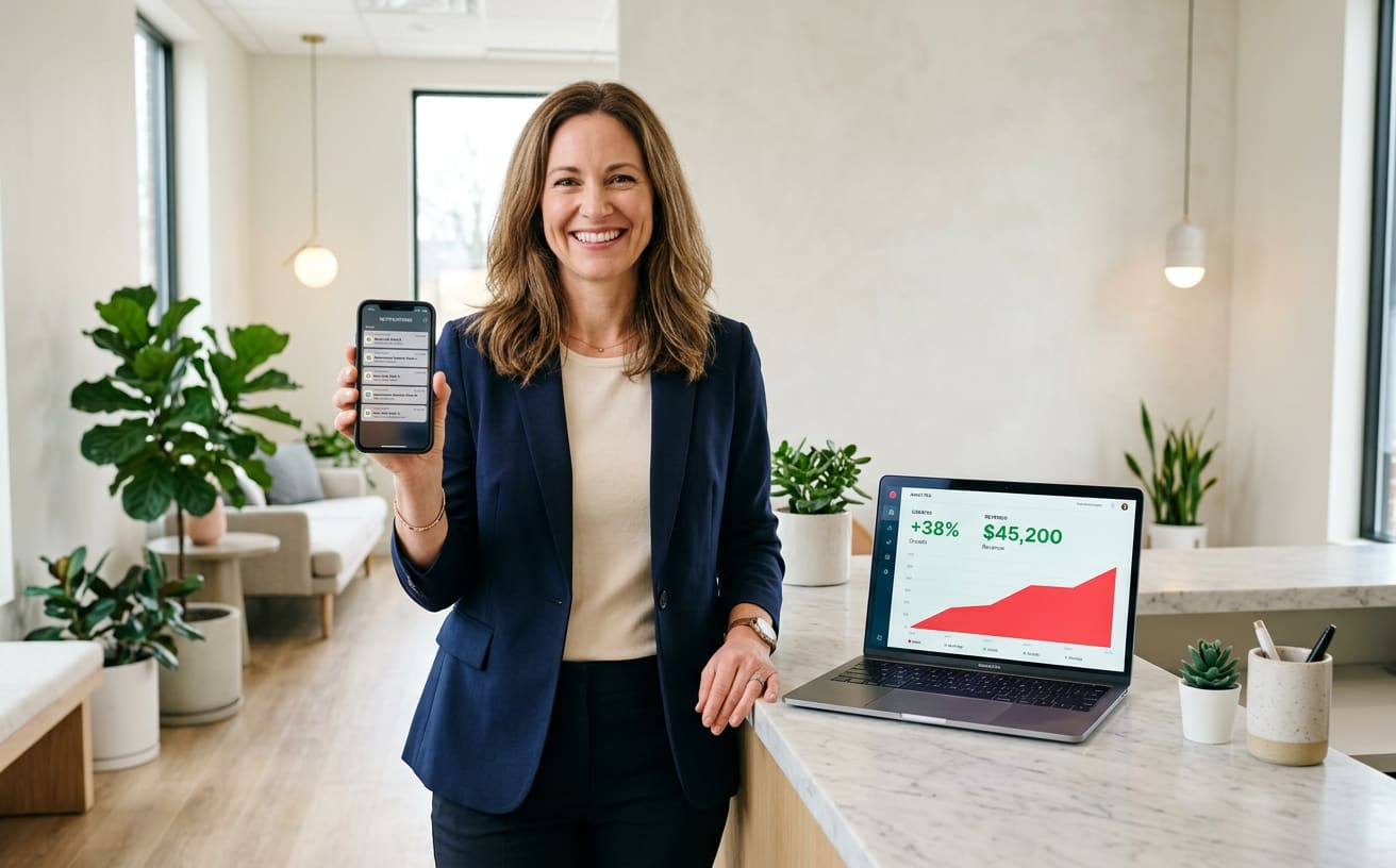 Smiling business owner holding a phone full of new lead notifications beside a laptop showing revenue growing 38%