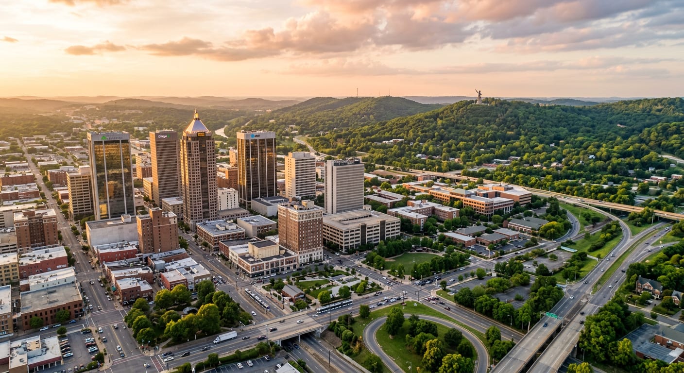 Downtown Birmingham, Alabama skyline at golden hour