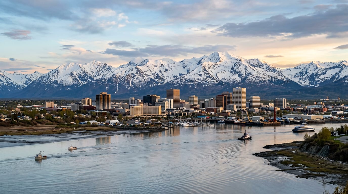 Anchorage, Alaska with the snow-capped Chugach Mountains behind the city