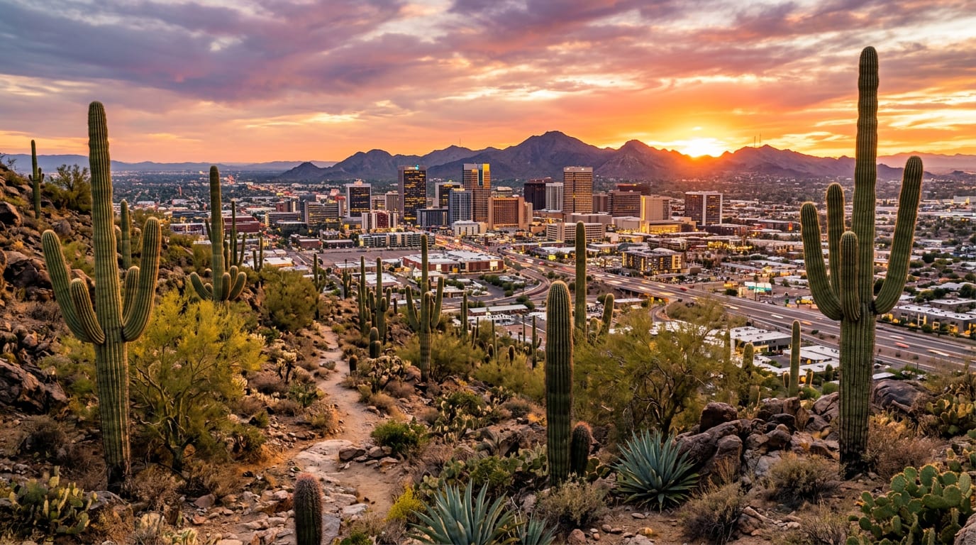 Phoenix, Arizona skyline with desert mountains and saguaro cactus at sunset
