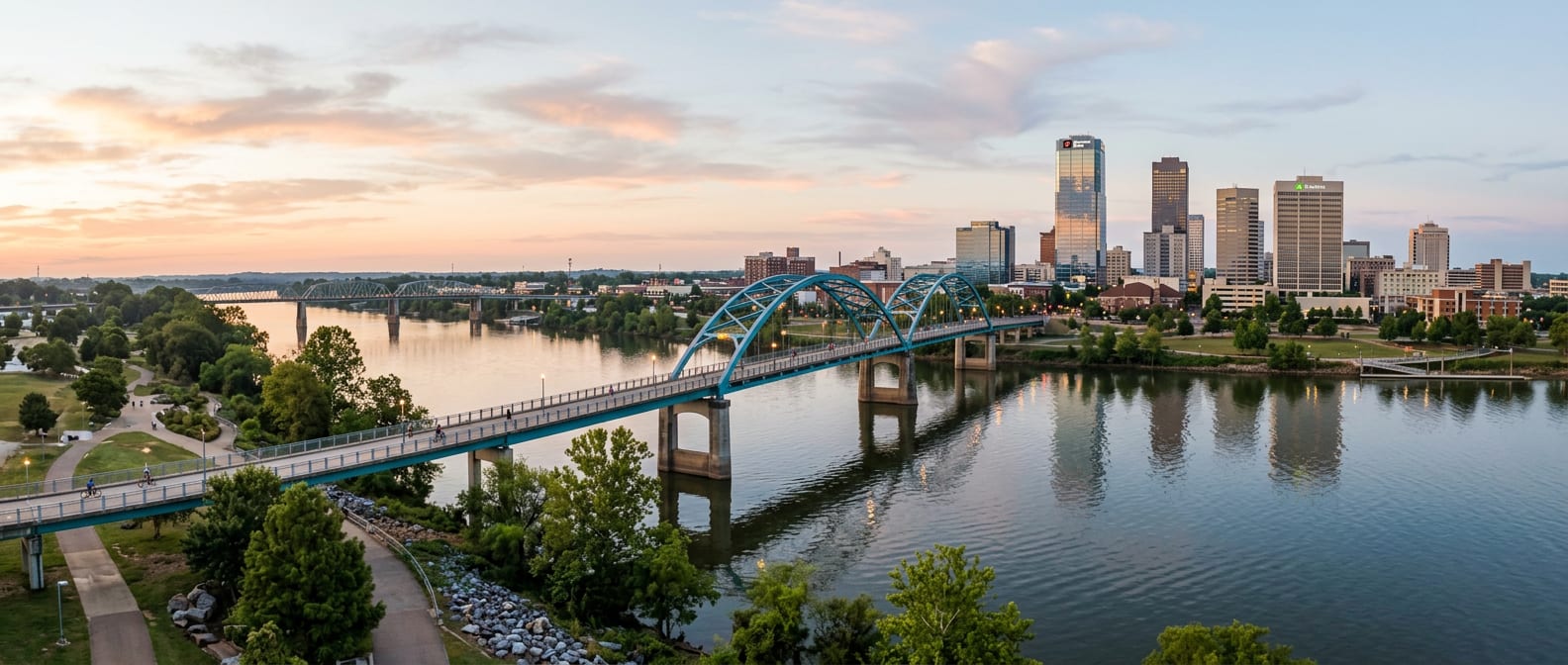 Little Rock, Arkansas skyline and bridges over the Arkansas River