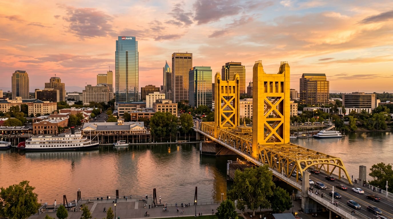 Golden Tower Bridge over the Sacramento River in Sacramento, California