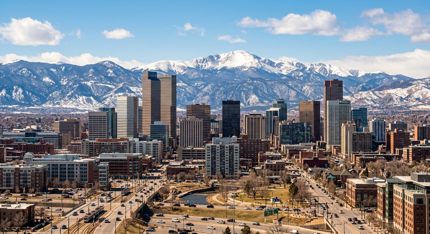 Denver, Colorado skyline with the Rocky Mountains in the background