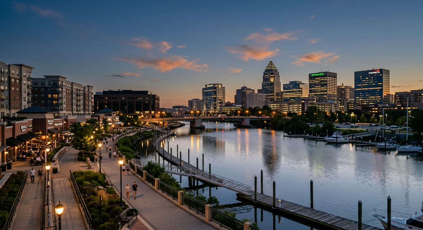 Wilmington, Delaware riverfront with modern buildings along the Christina River