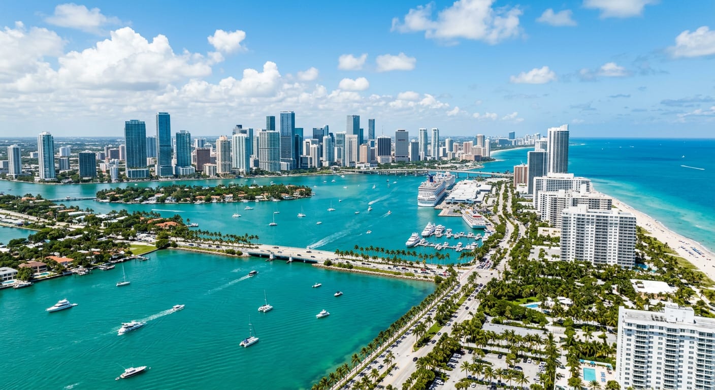 Miami, Florida skyline over the turquoise water of Biscayne Bay