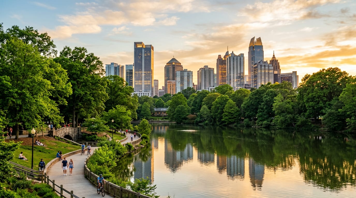 Atlanta, Georgia skyline with green trees at golden hour