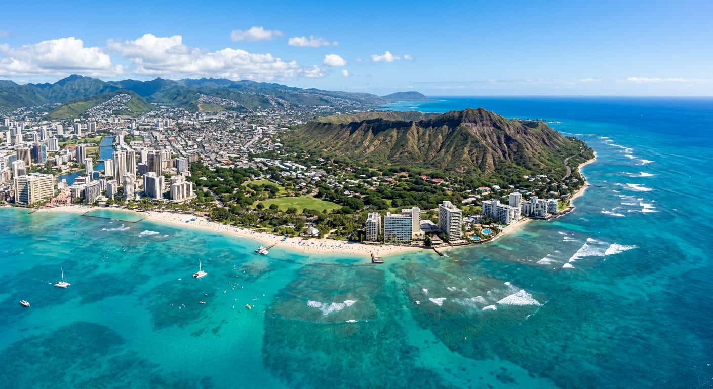 Honolulu, Hawaii and Waikiki Beach with Diamond Head crater