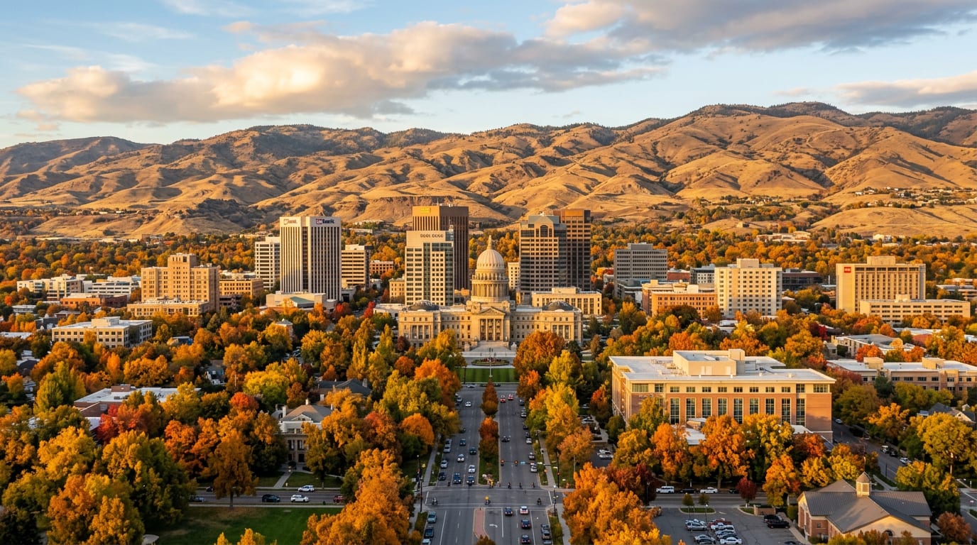 Boise, Idaho downtown with the Boise foothills at sunset