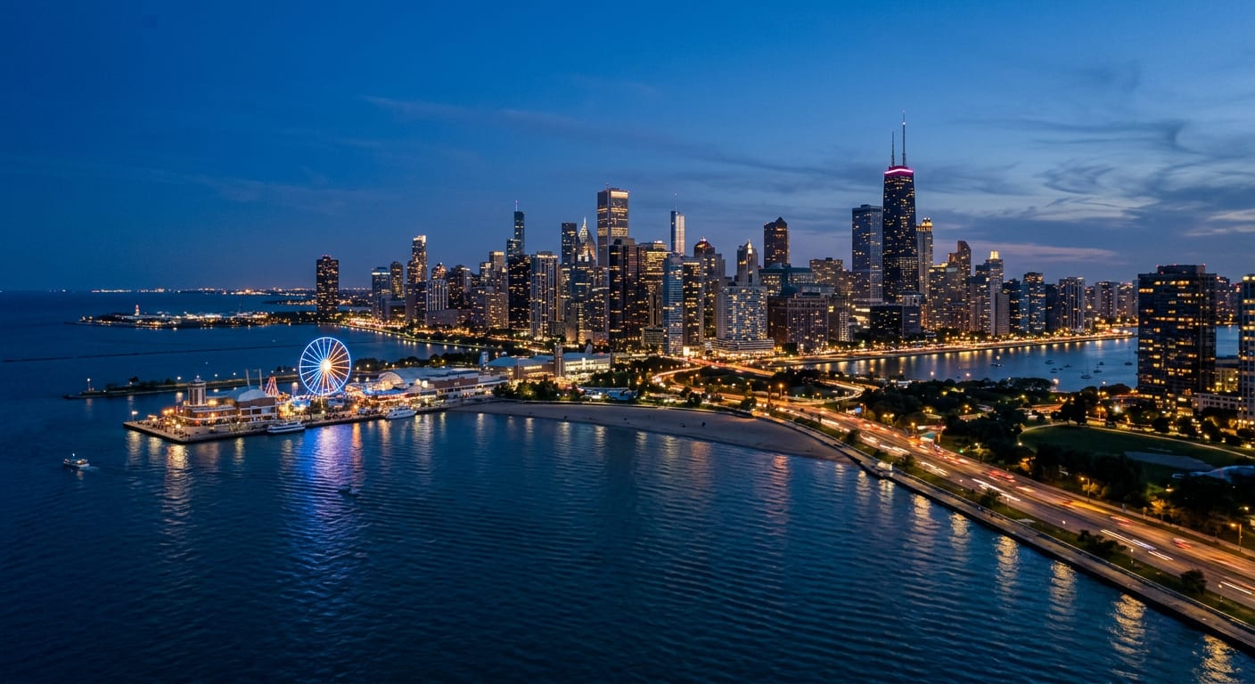 Chicago, Illinois skyline on the Lake Michigan shoreline