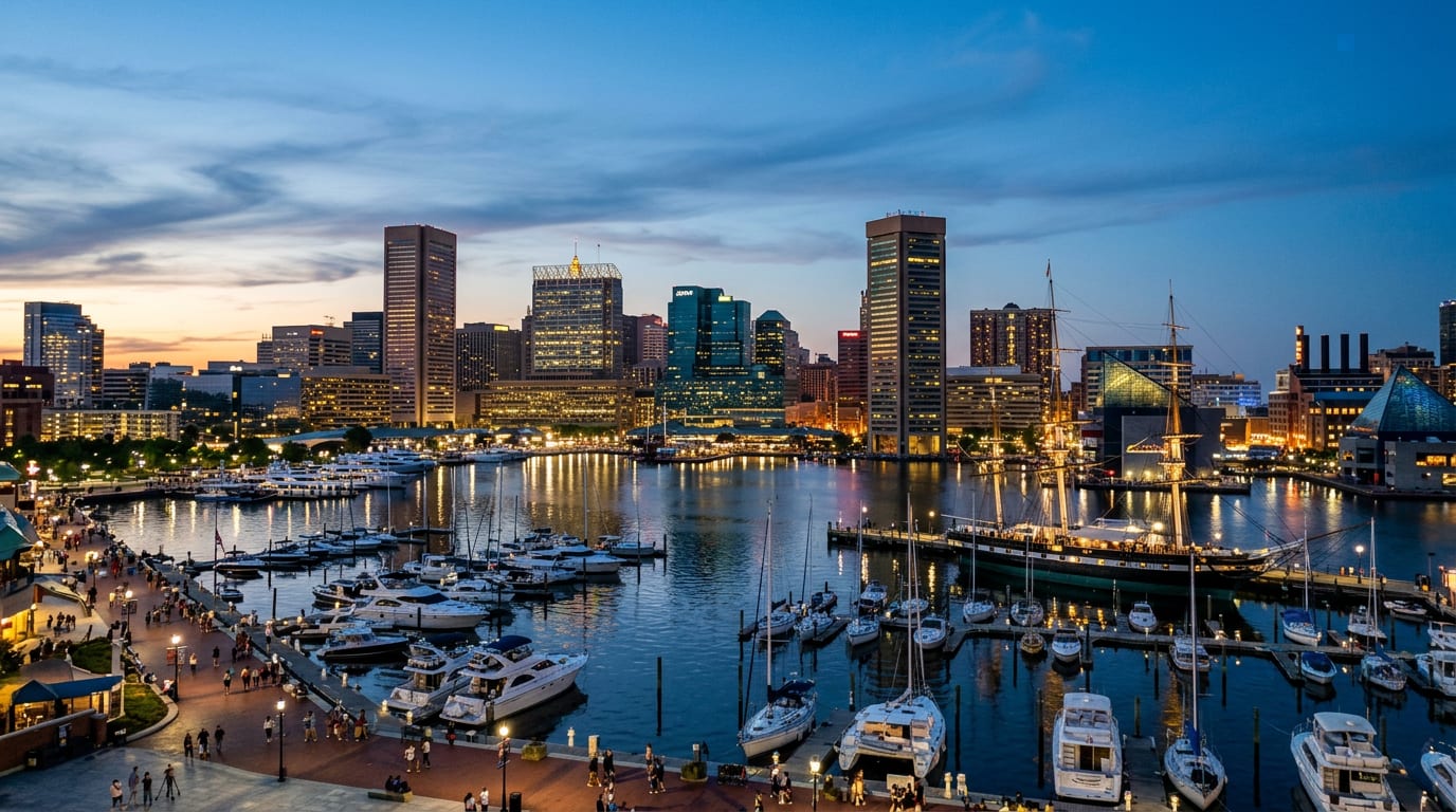 Baltimore, Maryland Inner Harbor waterfront at dusk