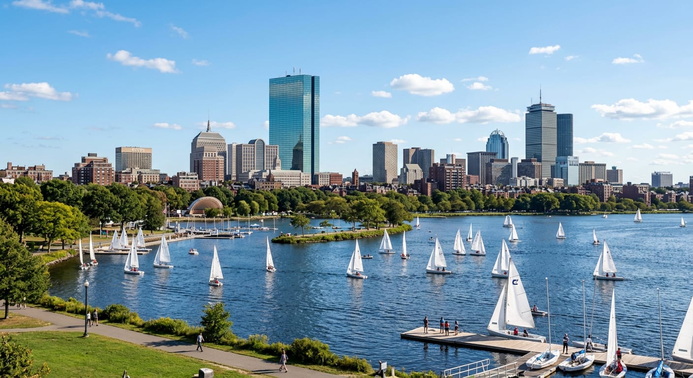 Boston, Massachusetts skyline across the Charles River with sailboats