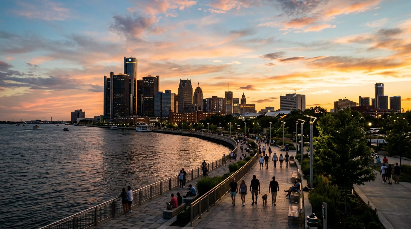 Detroit, Michigan skyline along the Detroit River