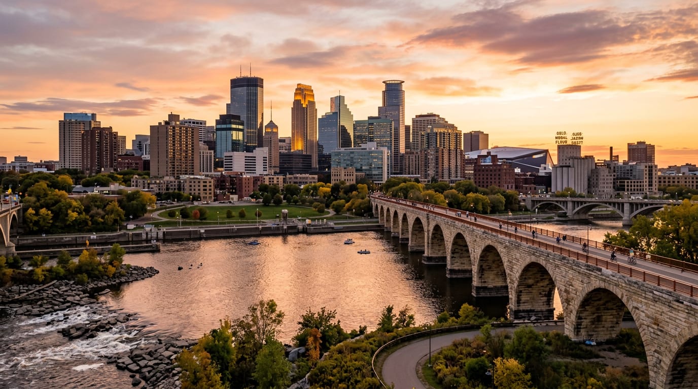 Minneapolis, Minnesota skyline and the Stone Arch Bridge over the Mississippi River