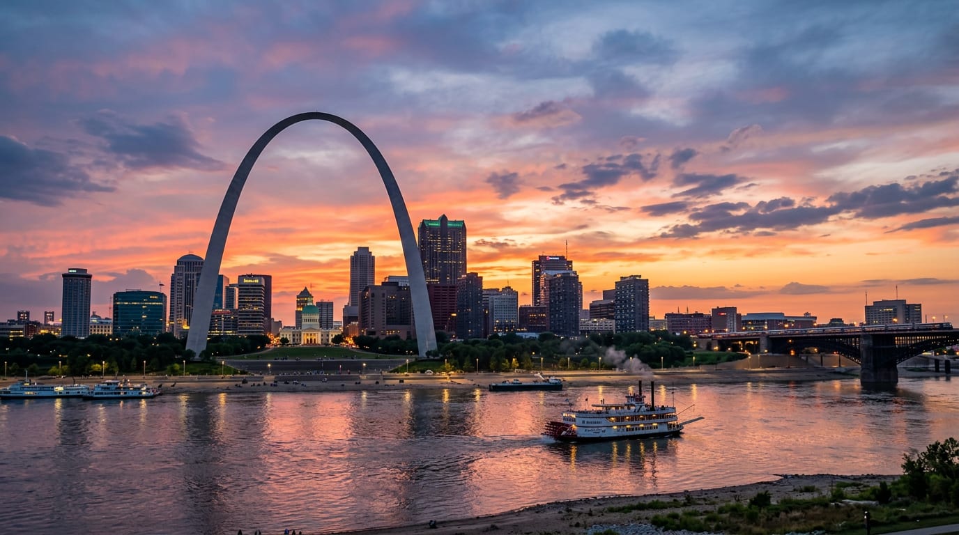 St. Louis, Missouri skyline with the Gateway Arch on the Mississippi River
