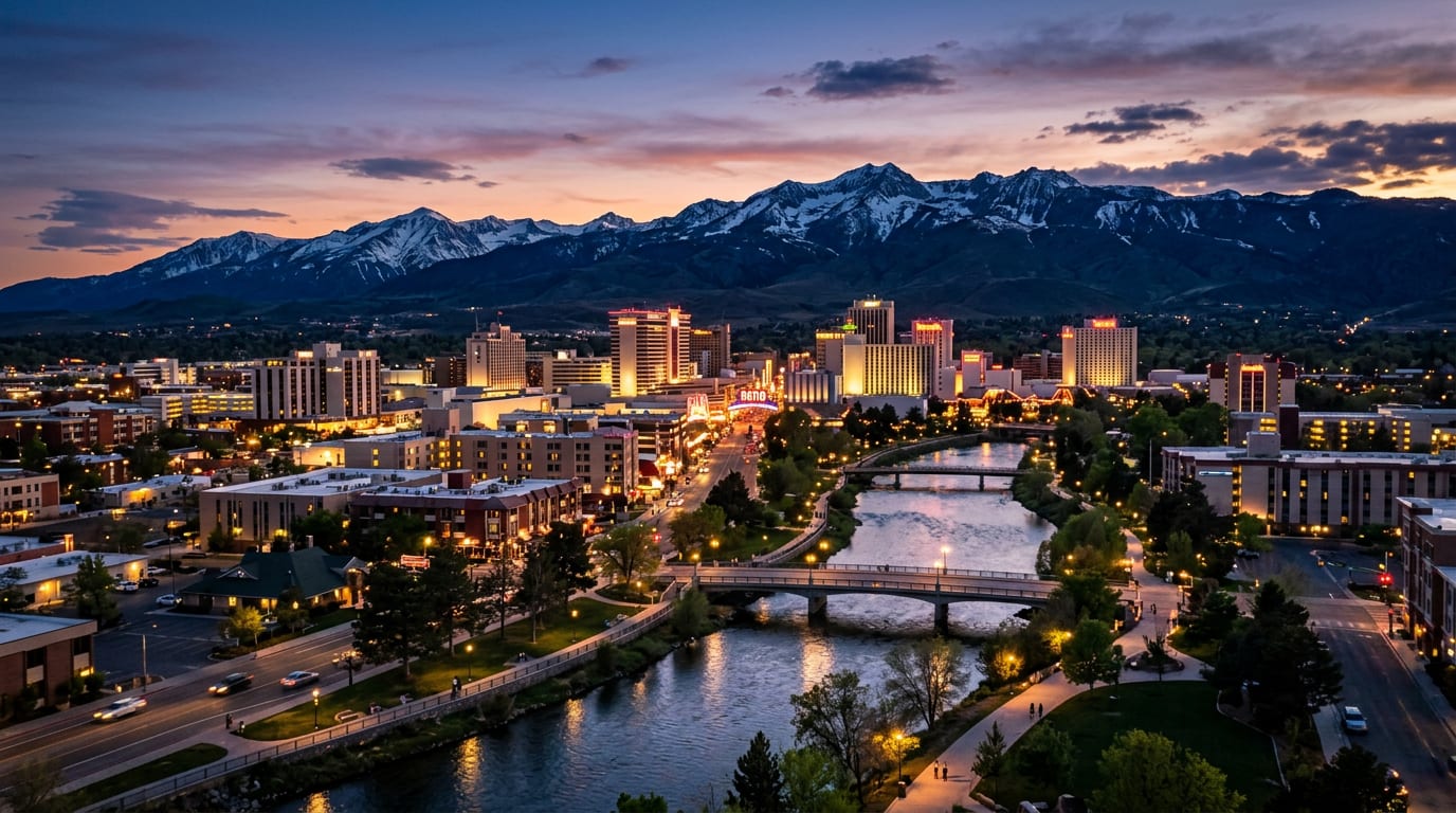 Downtown Reno, Nevada along the Truckee River with the Sierra Nevada mountains