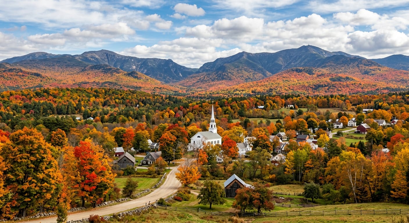 New Hampshire White Mountains in autumn with a white church steeple
