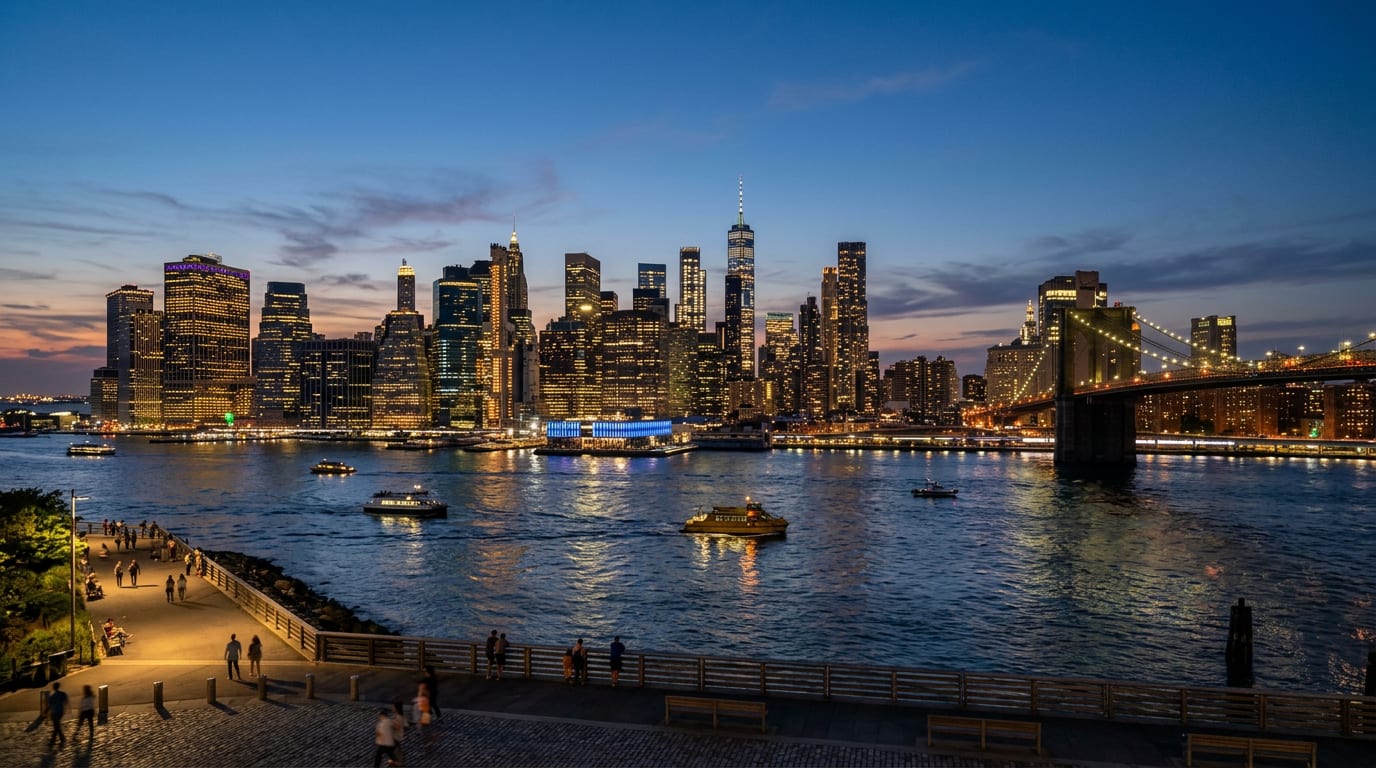 Manhattan, New York City skyline across the East River at dusk
