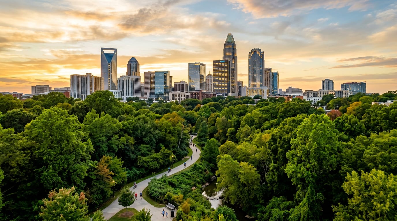 Charlotte, North Carolina uptown skyline surrounded by trees